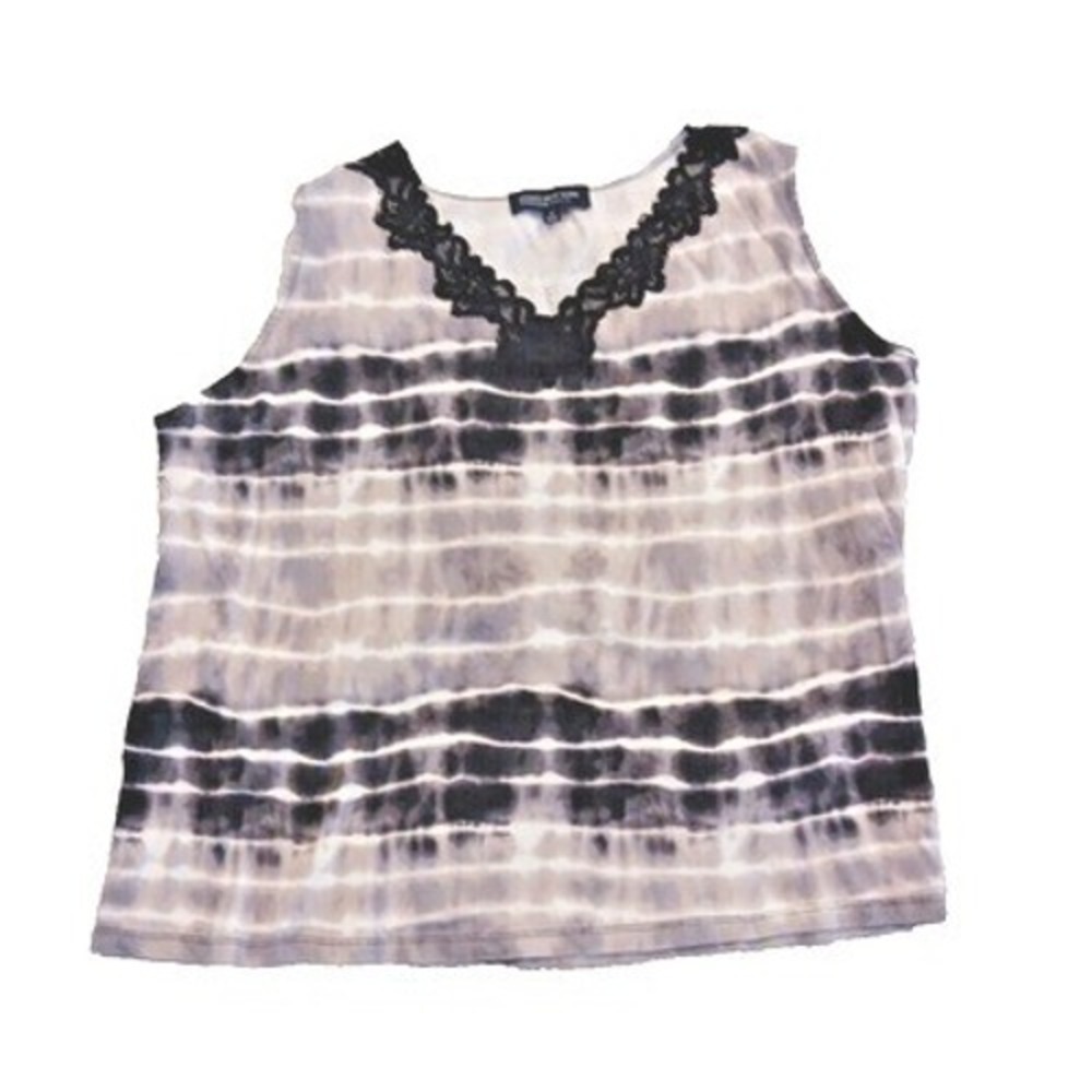 Jones New York Woman Plus 1X Tye Dte Blouse Wearable Art w Black Lace Trim